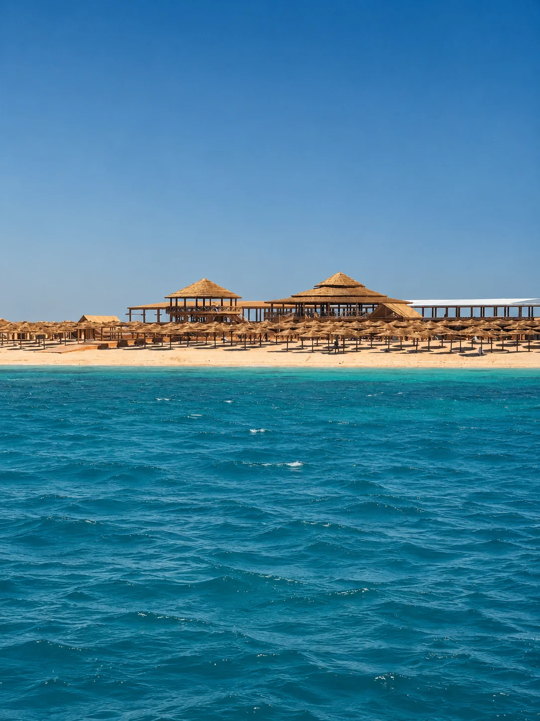 Sandy beach and parasols on Paradise Island Giftun
