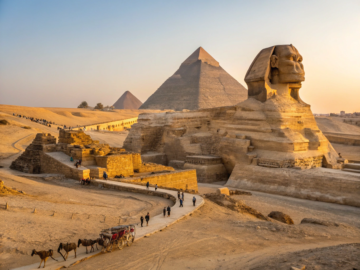 The Great Pyramids of Giza and the Sphinx under a bright Egyptian sky
