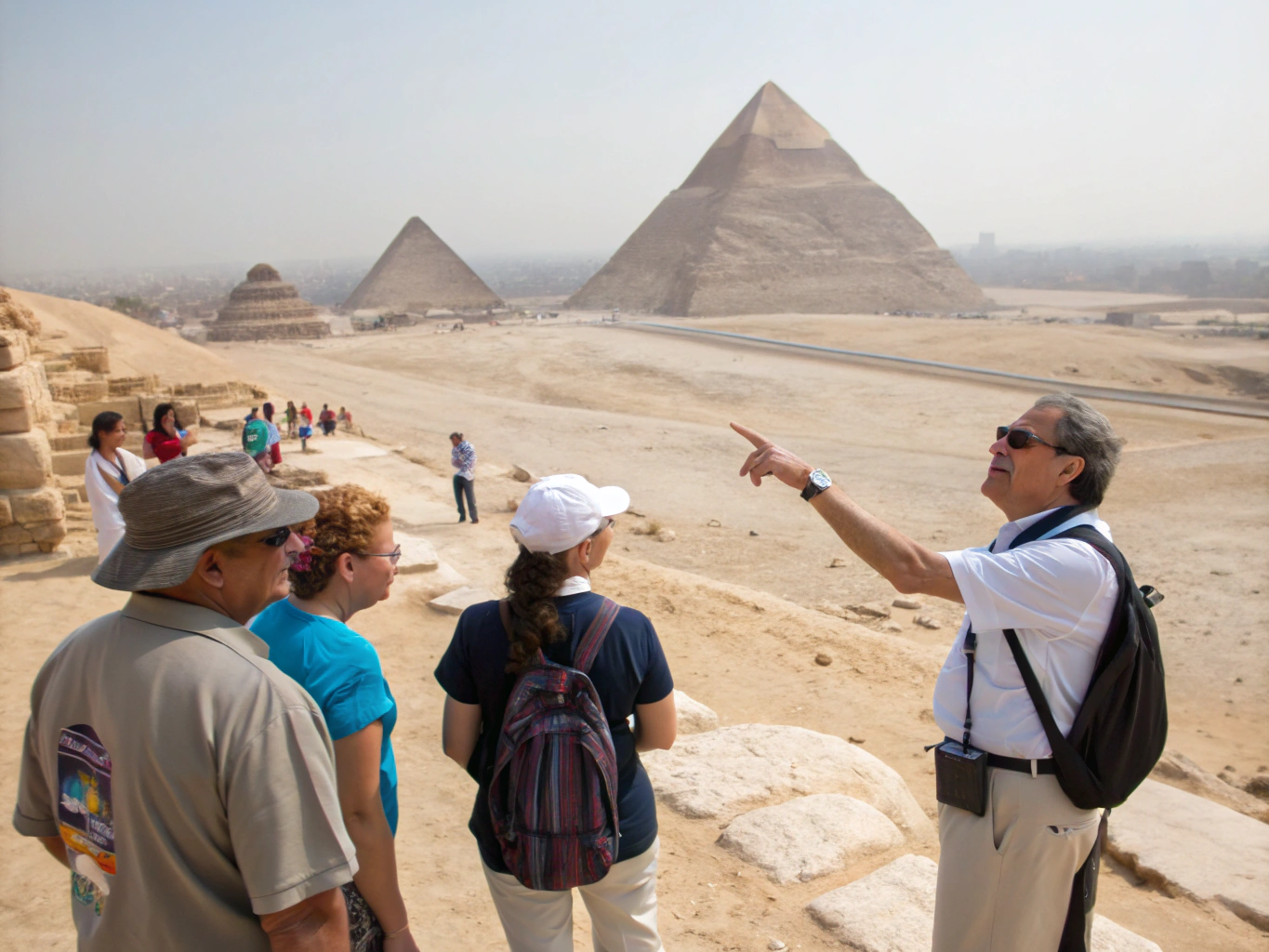 The Great Pyramids of Giza and Sphinx under bright sunlit Cairo skies