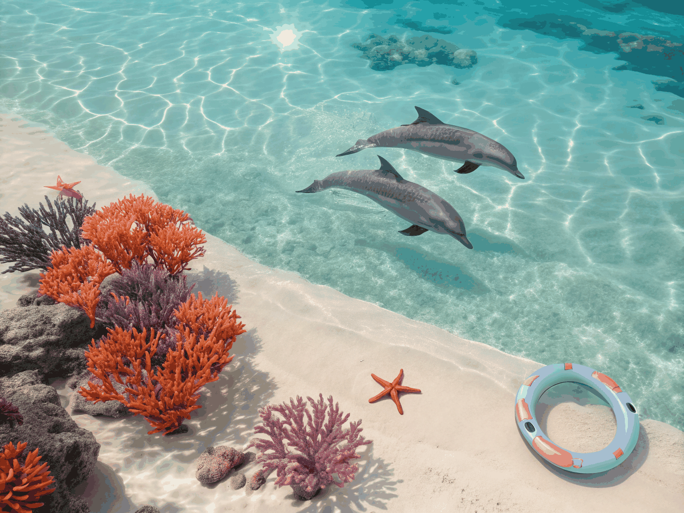 Swimmers interacting gently with friendly dolphins in clear water