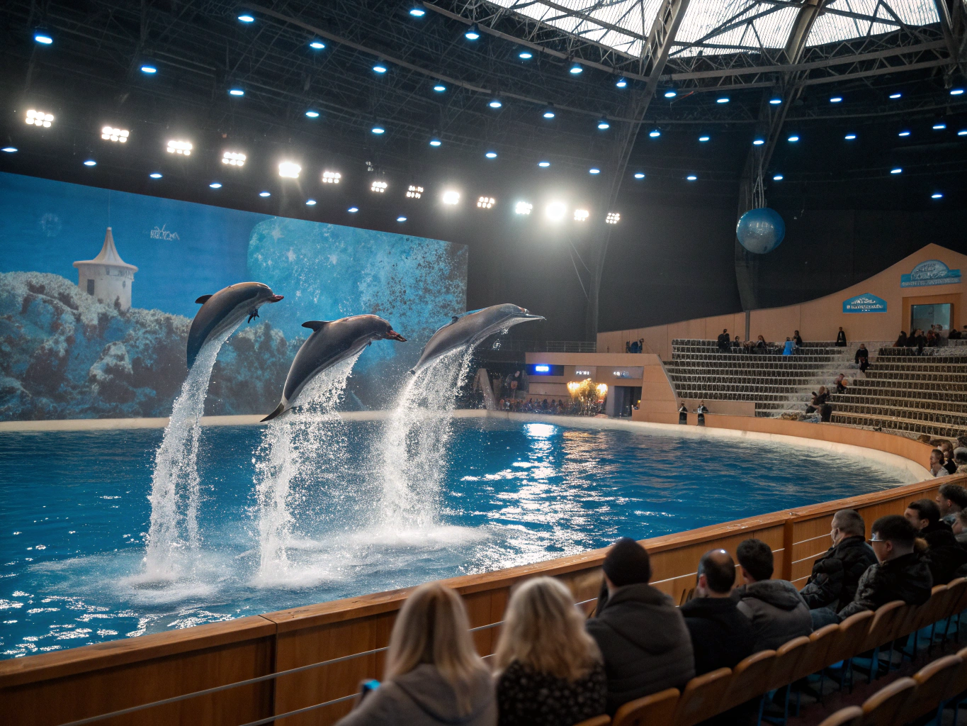 Trained dolphins performing synchronized jumps at Hurghada dolphinarium