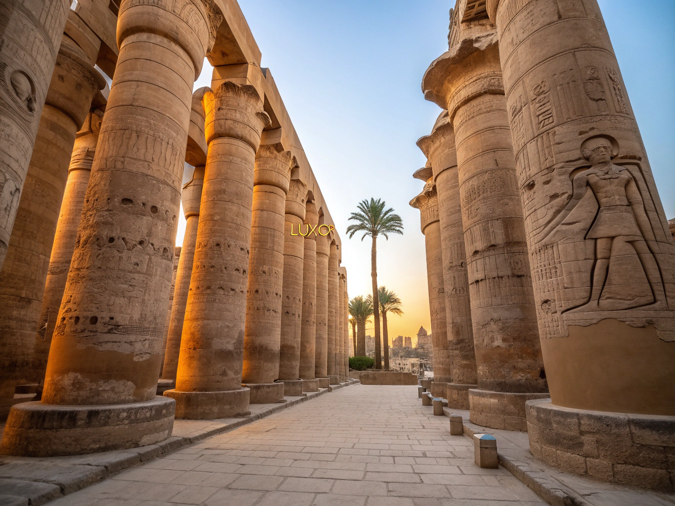 Karnak Temple colonnade and ancient monumental sandstone pillars in Luxor