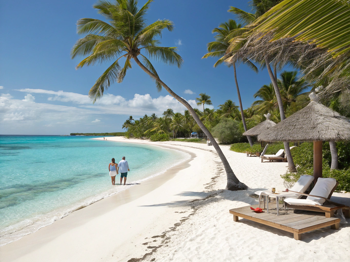 Tropical resort beach setup with thatched umbrellas and pristine turquoise water on Paradise Island