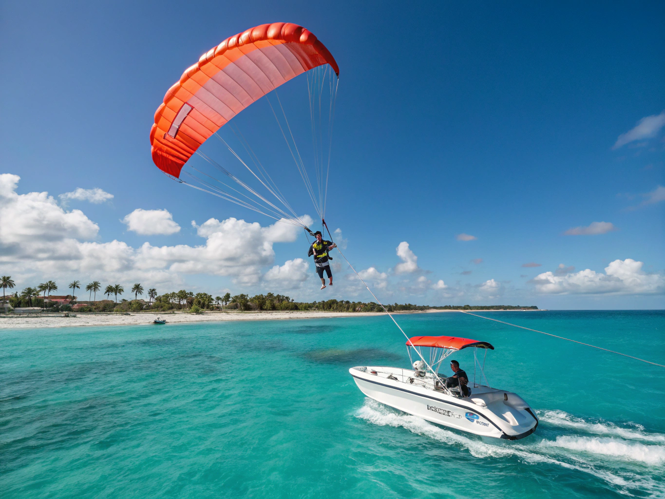 Parasail parachute soaring above the bright turquoise Red Sea coastline