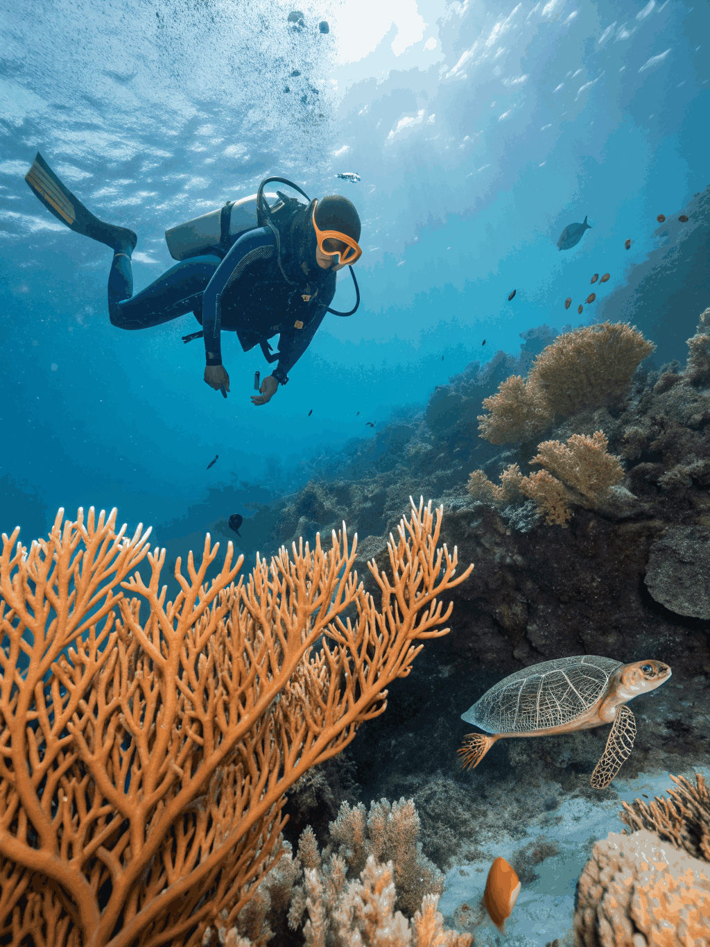 Diver exploring vibrant coral reef in the Red Sea