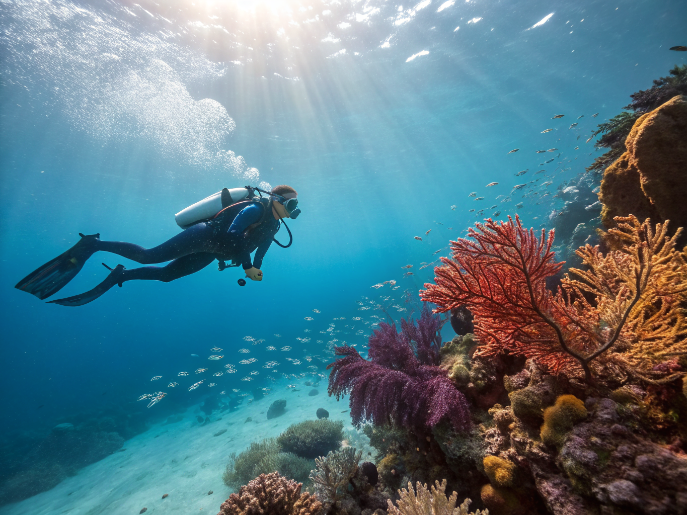 Scuba diver inspecting vibrant coral reef formations