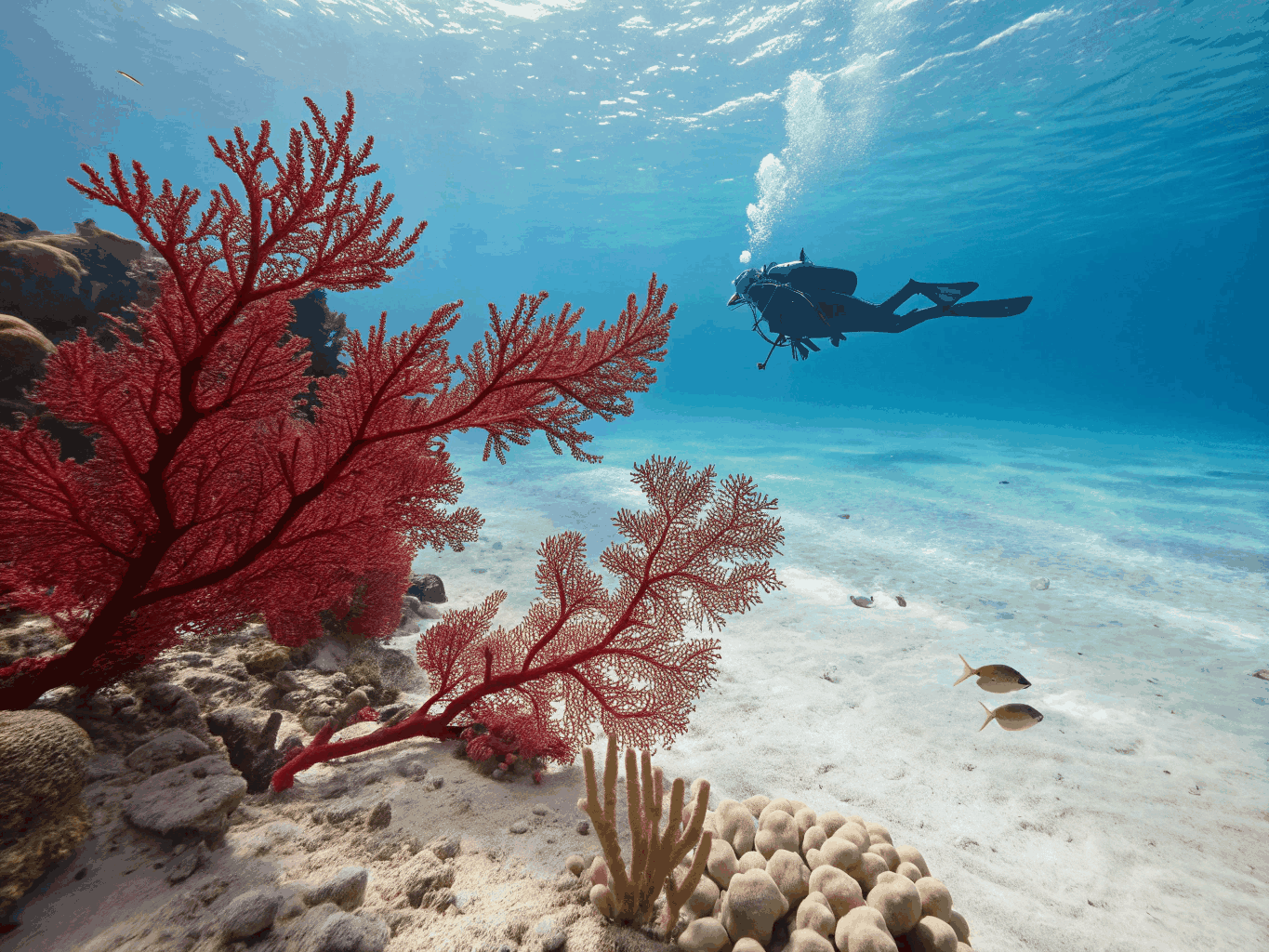 Scuba diver swimming alongside vibrant coral reefs and marine life in the Red Sea