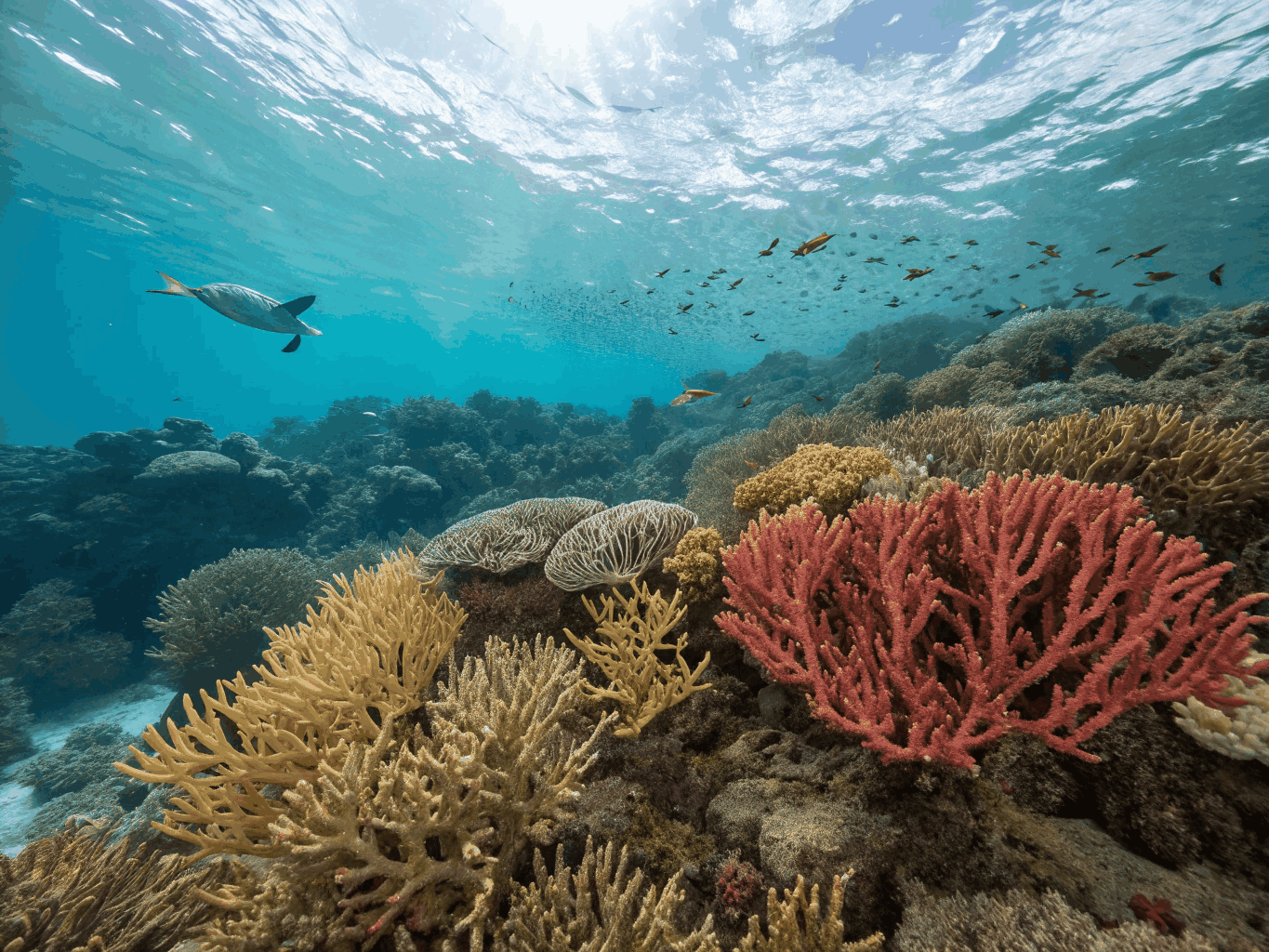Underwater coral reef view through panoramic semi-submarine glass