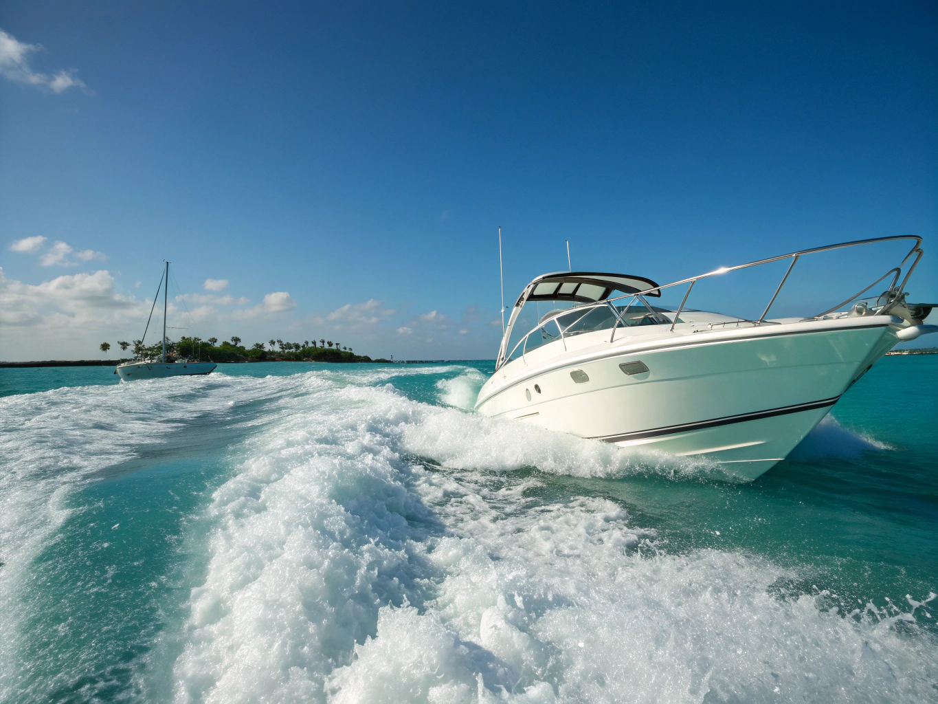 Private white speedboat moving across clear turquoise sea