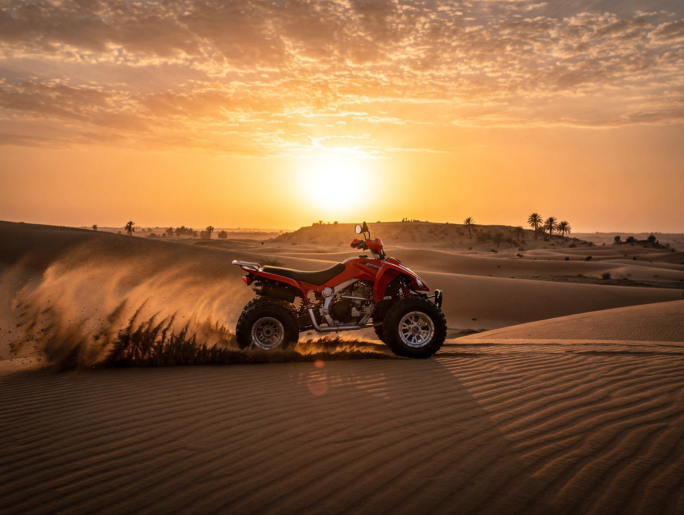 Quad bikes and desert buggies racing across golden sand dunes at sunset in Hurghada