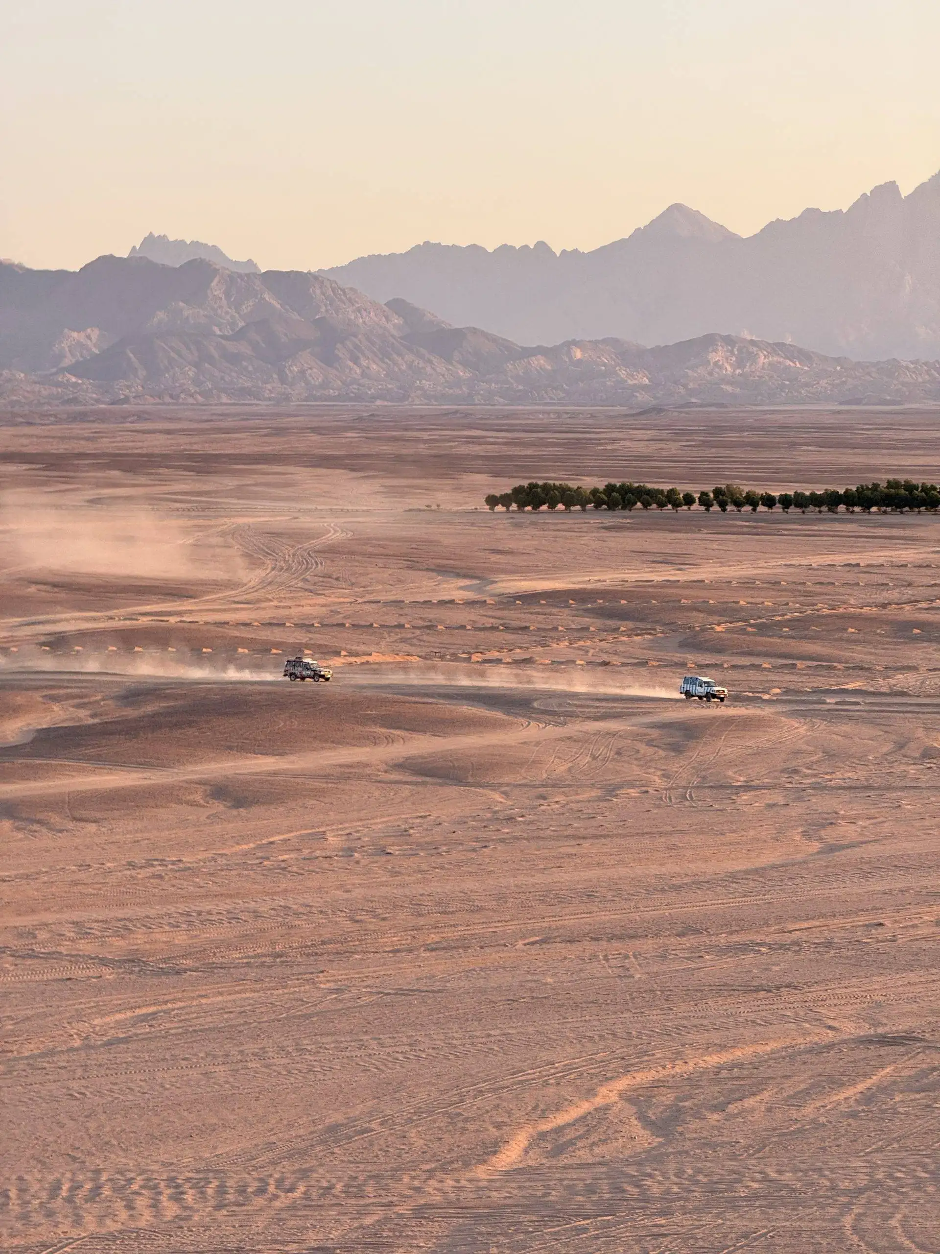 Two off-road vehicles driving across the Hurghada desert, kicking up dust